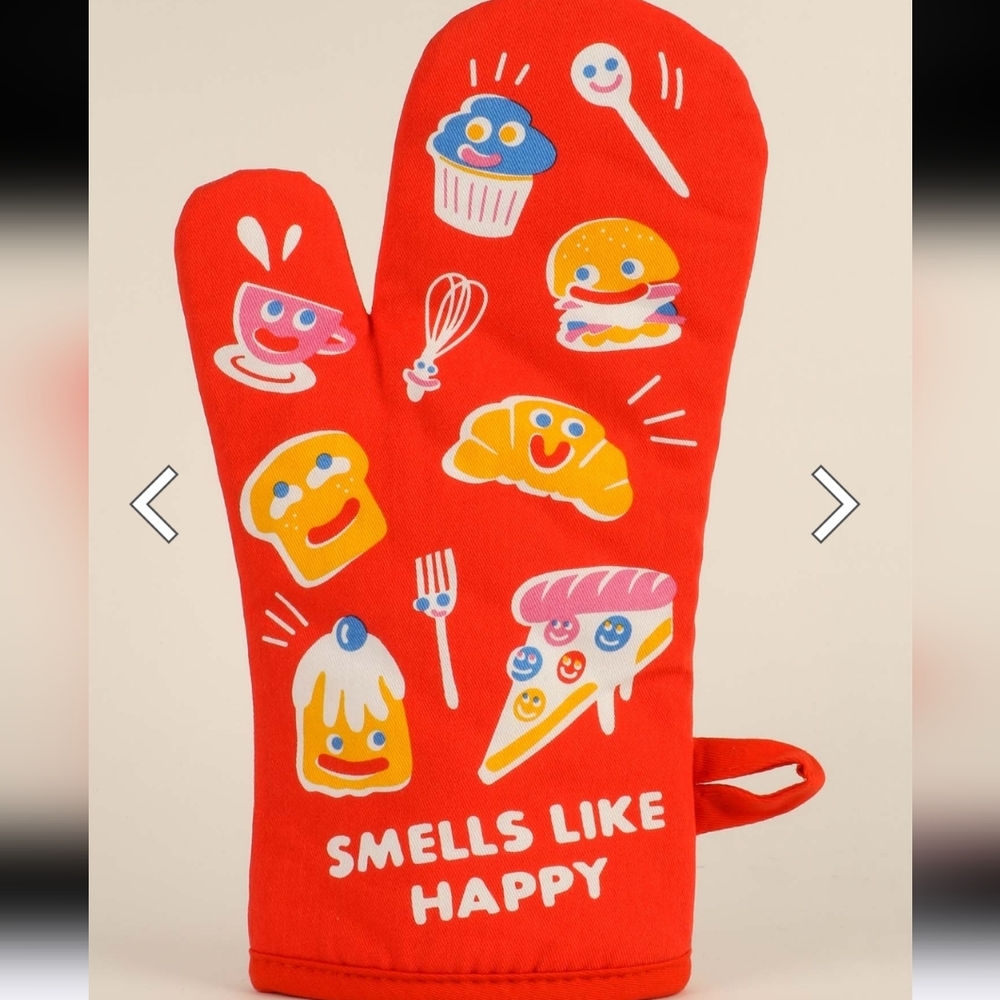 Blue Q Smells Like Happy Red Oven Mitt with Fun Food Graphics
